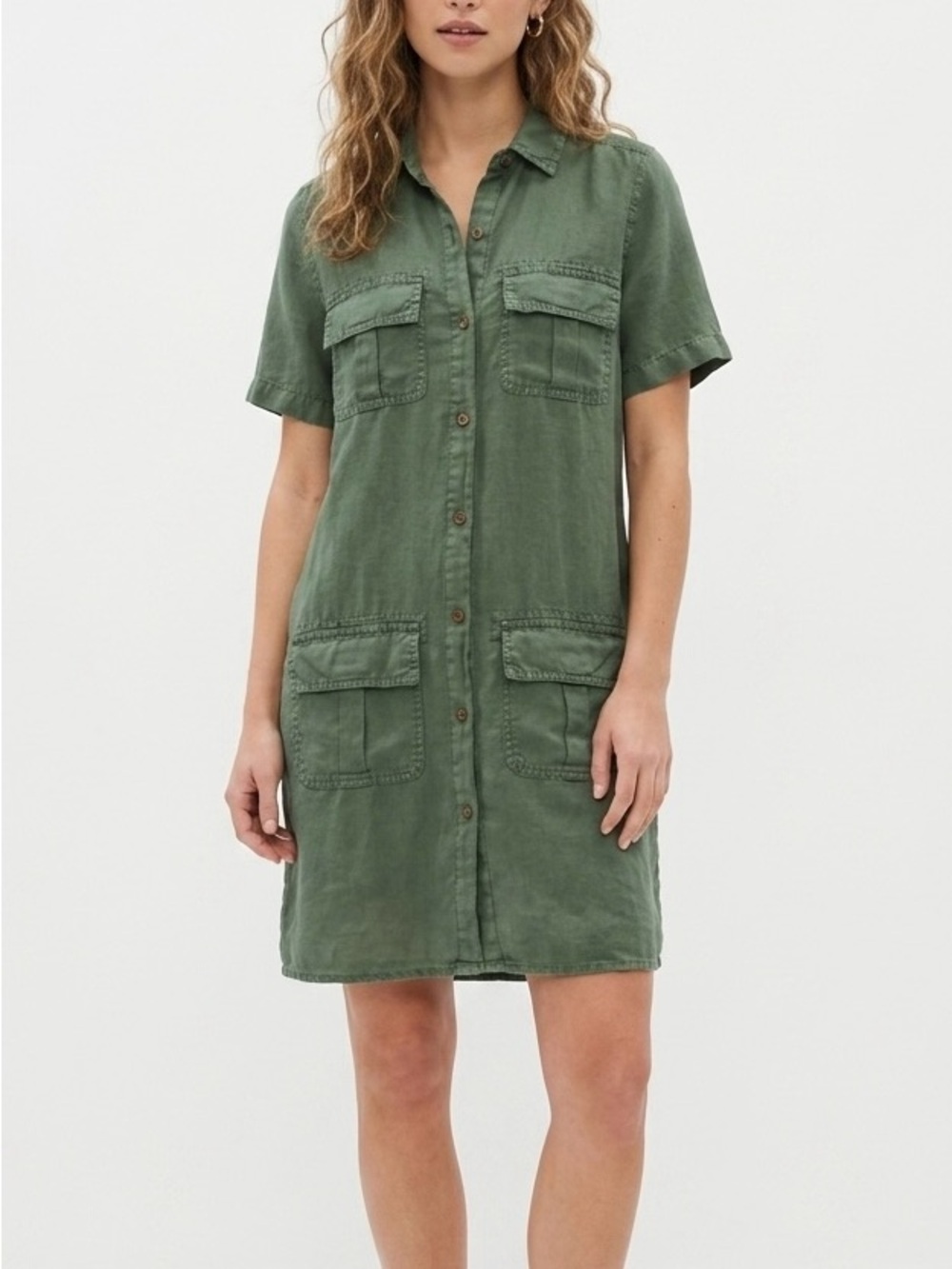 Sundance NWT Harper Green Linen Utility Pocket Shirt Dress Safari Boho Size XS